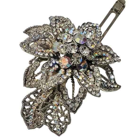 Vtg Aurora Borealis Rhinestone Flower Hair Paris Clip Crystal Filigree Barrette - Picture 2 of 8